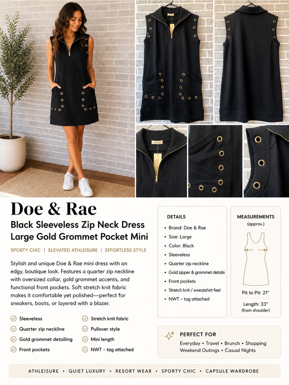 Doe & Rae Black Sleeveless Zip-Front Mini Dress with Gold Grommets